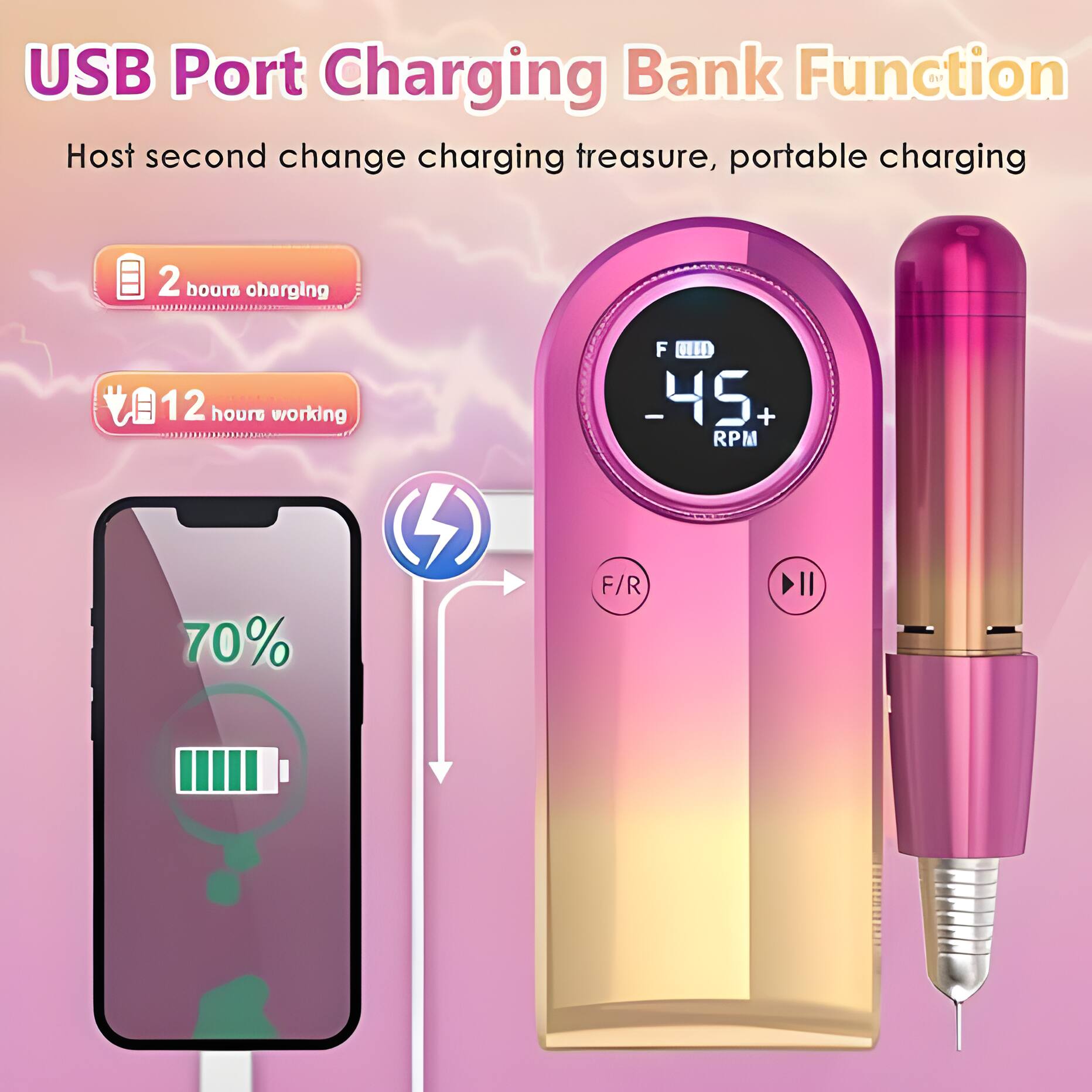 USB Port Charging Bank Function  
Host second change charging treasure, portable charging  
2 hours charging  
12 hours working  
F/R  
70%