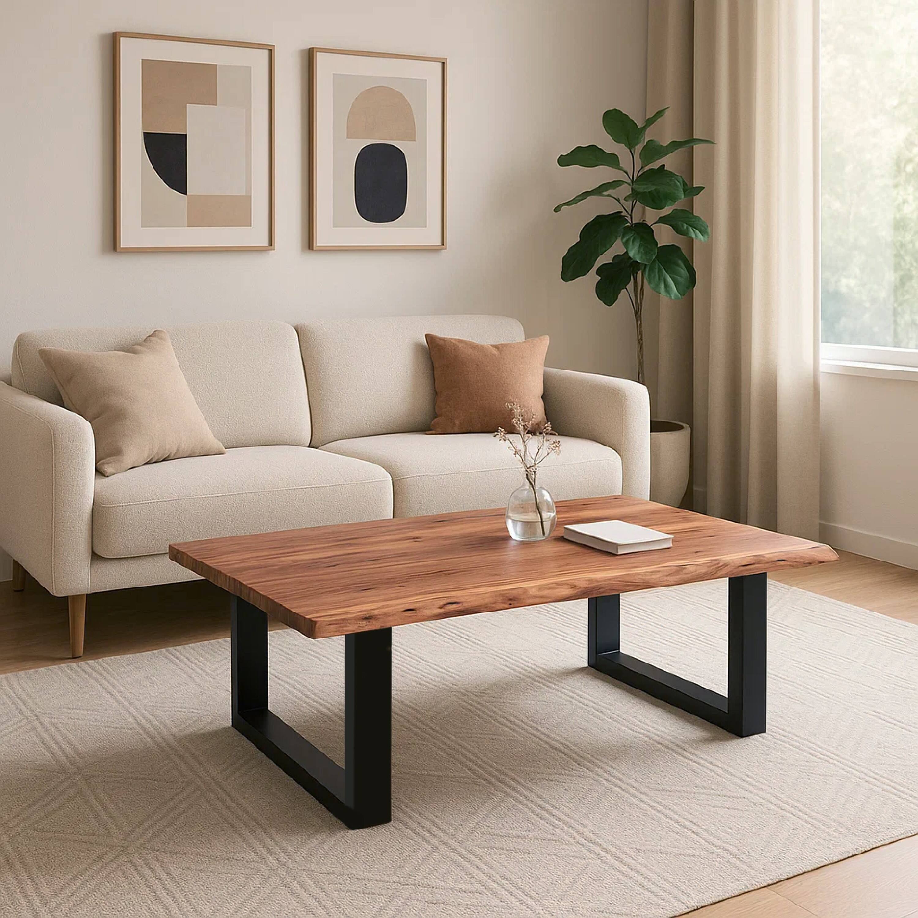 Alt View 8. Manhattan Lane - 45 Inch Acacia Wood Rectangular Coffee Table, Live Edge Details, Black Powder Coated Metal Sled Base - Natural Brown and Black.