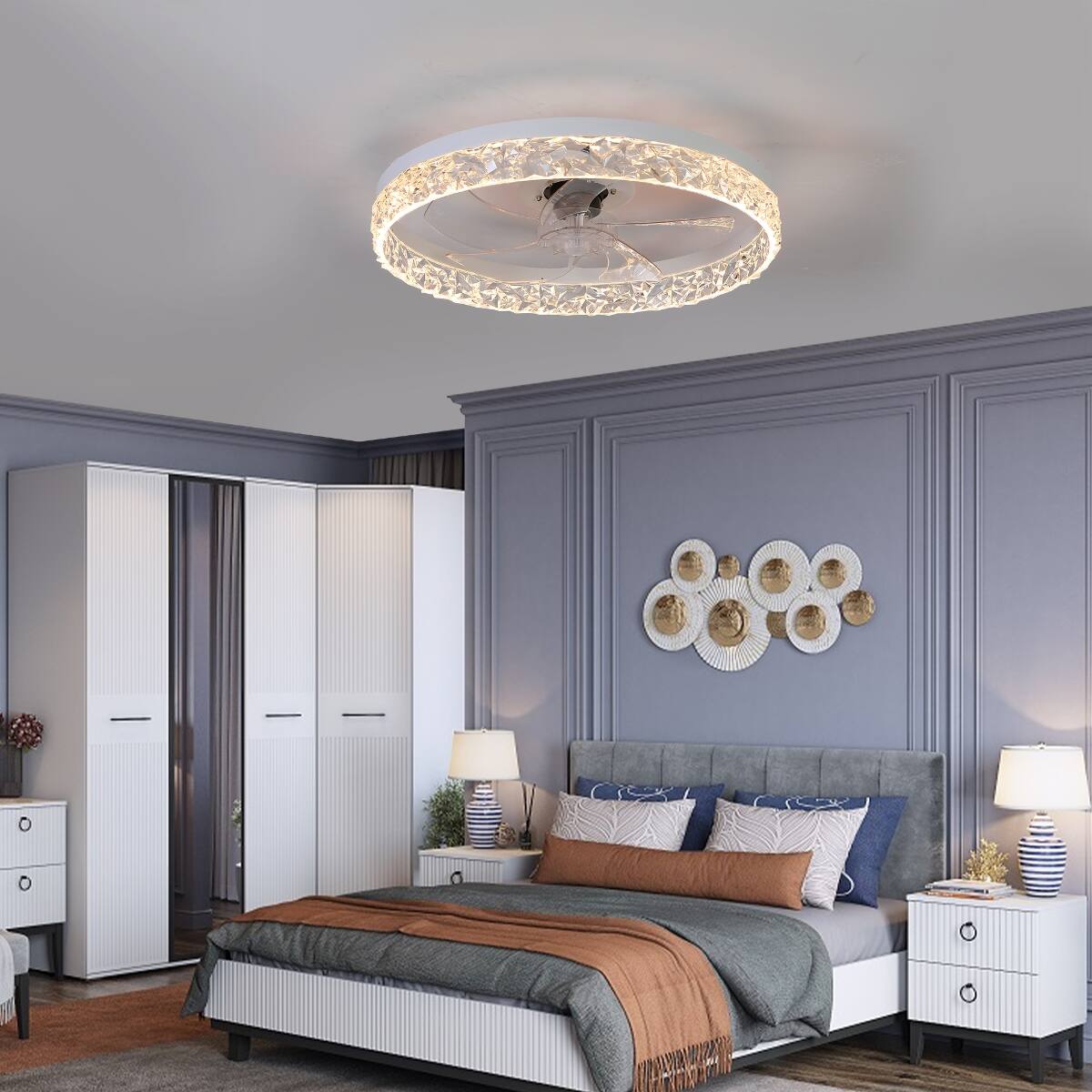 Angle. Loheer - Loheer Modern Acrylic Ceiling Fan Light Remote Control Dimmable LED Flush Mount White Chandelier.