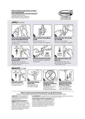 **APPLY / APLICAR**

1. Clean surface with rubbing alcohol.
   - Limpie la superficie con alcohol.

2. Remove red film. Press adhesive.
   - Retire la película roja. Presione la adhesiva.

3. Remove black strip. Press to wall.
   - Retire la tira negra. Presione contra la pared.

4. To ensure adhesive hold, wait 30 seconds.
   - Para garantizar la adhesión, espere 30 segundos.

5. Press base firmly for 30 seconds.
   - Presione la base firmemente durante 30 segundos.

6. Slide hook back at once. Wait 1 hour.
   - Deslice el gancho hacia atrás de golpe. Espere 1 hora.

**REMOVE / RETIRAR**

1. Slide hook up and off.
   - Deslice el gancho hacia arriba y retire.

2. Gently peel mounting base away.
   - Retire suavemente la base de montaje.

3. Never pull the strip straight down.
   - Nunca tire de la tira hacia abajo.

4. Stretch the strip slowly away from the wall.
   - Estire la tira