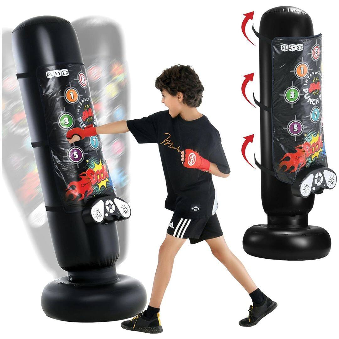 Play22 - Punching Bag for Kids with Music & Lights – 63" Inflatable Boxing Bag with 4 Game Modes, 8 Sounds, LED Scoreboard
