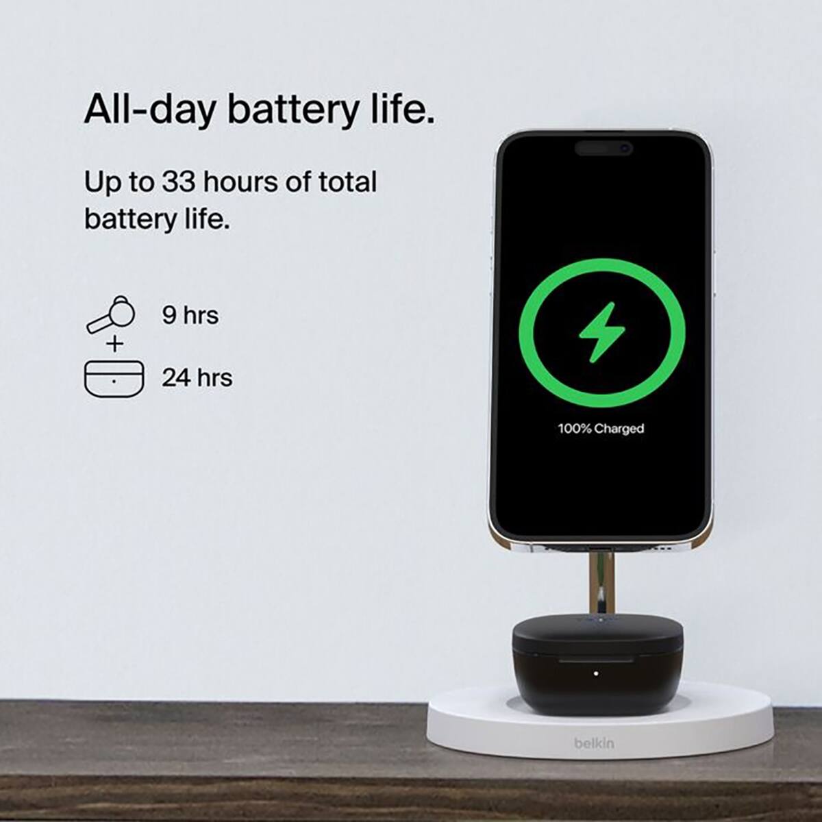 All-day battery life.  
Up to 33 hours of total battery life.  
9 hrs + 24 hrs  
100% Charged  
belkin
