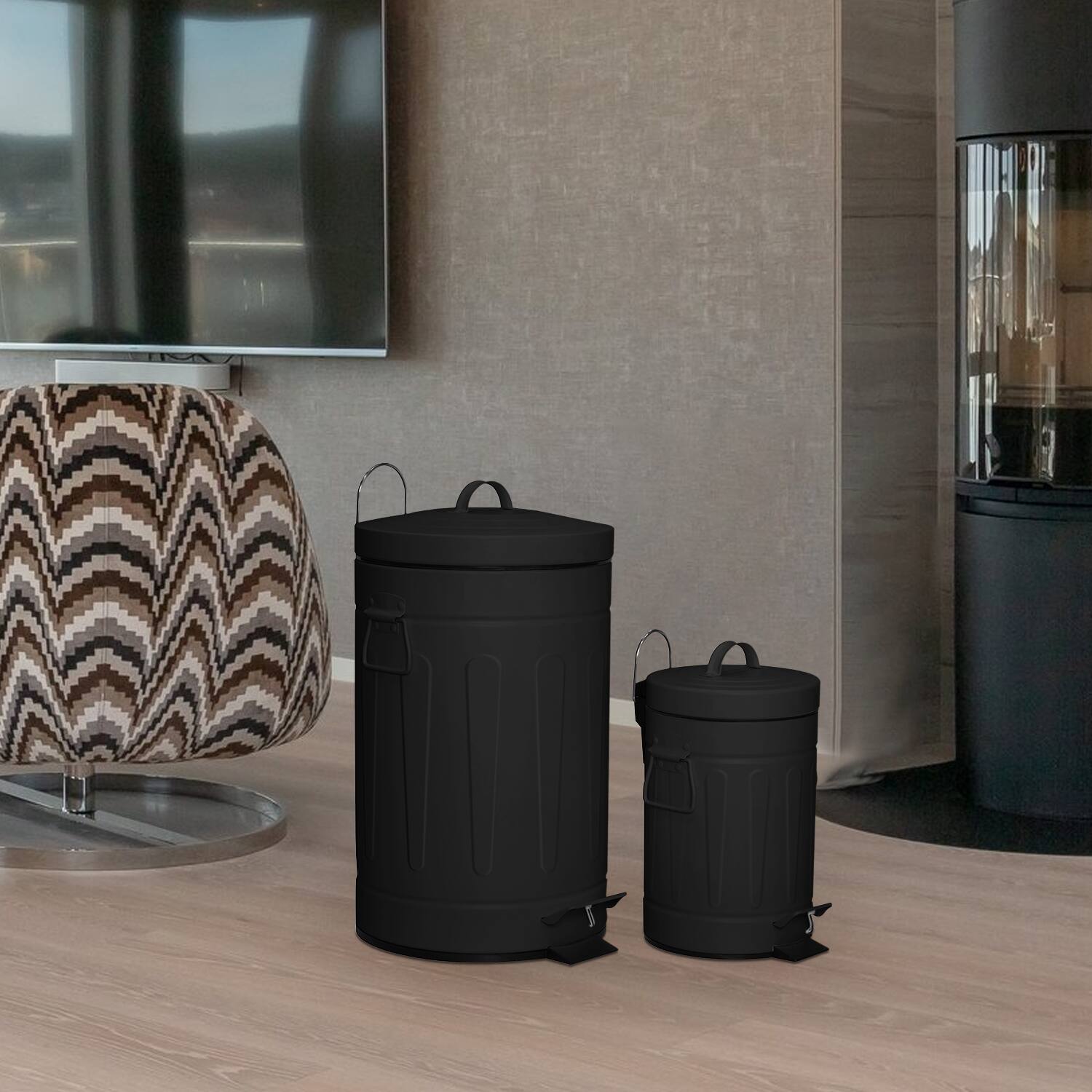 Alt View 3. Innovaze - 3.2 Gal./12 Liter and 0.8 Gal./3 Liter Old Time Style Round Black Color Metal Step-on Trash Can Set - Black.