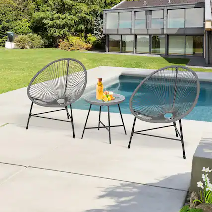 Front. Acekool - 3 Piece Acapulco Chair Set, Patio Bistro Set with Woven Rope Chairs & Glass Table, All-Weather Outdoor Set, Gray - Gray.