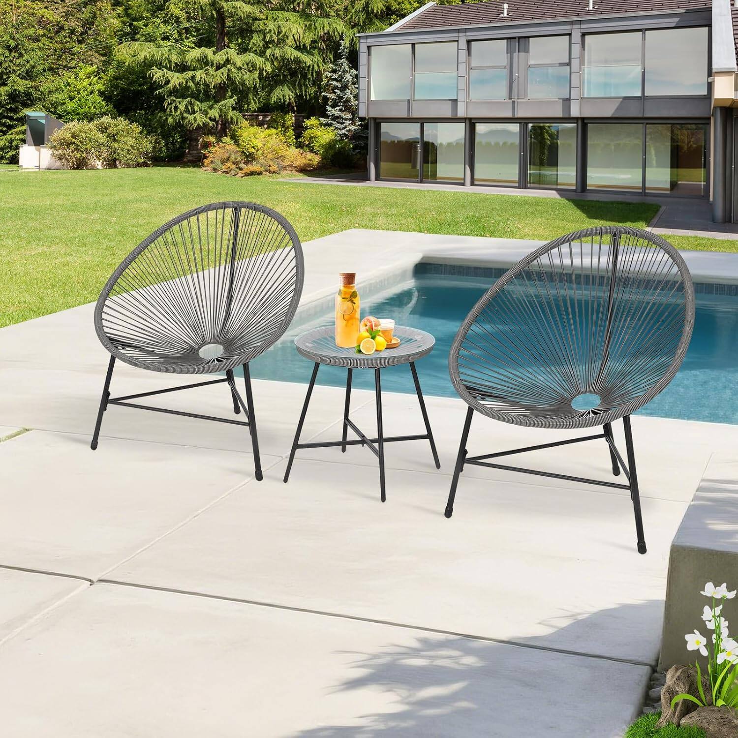 Front. Acekool - 3 Piece Acapulco Chair Set, Patio Bistro Set with Woven Rope Chairs & Glass Table, All-Weather Outdoor Set, Gray - Gray.
