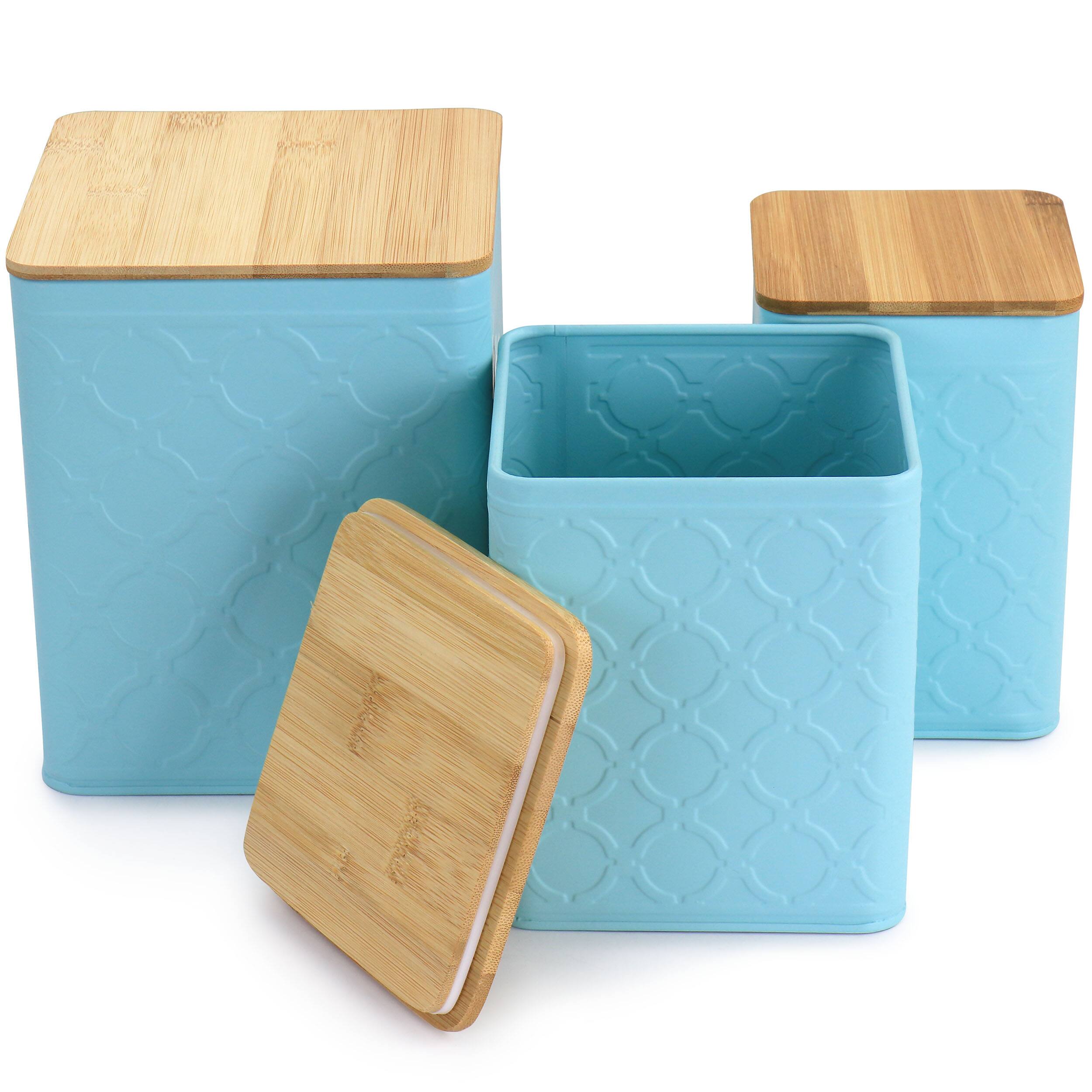 Left. MegaChef - MegaChef 3 Piece Square Iron Kitchen Canister Set with Bamboo Lids in Turquoise - Blue.