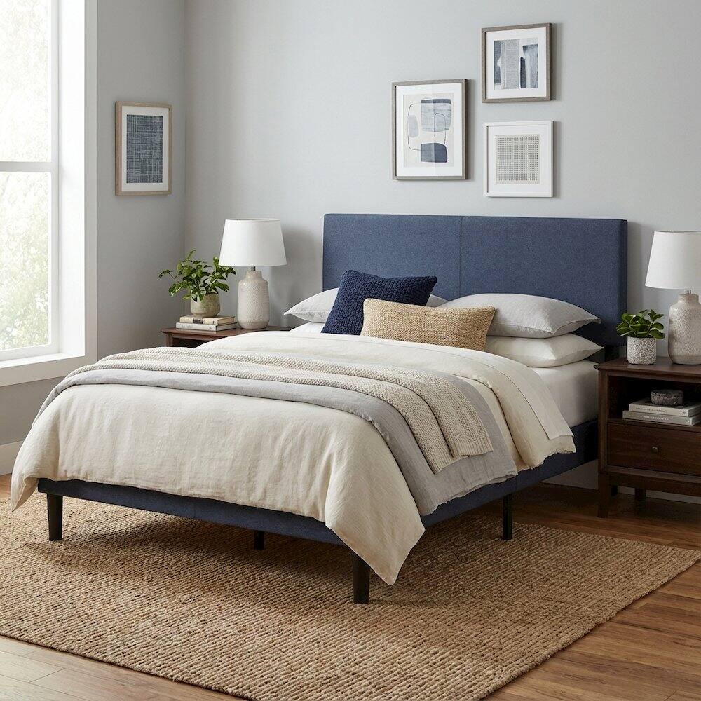 Left. FurniFact - Blue Denim Upholstered King Headboard with Tufted Design for Bedroom - Blue Denim.