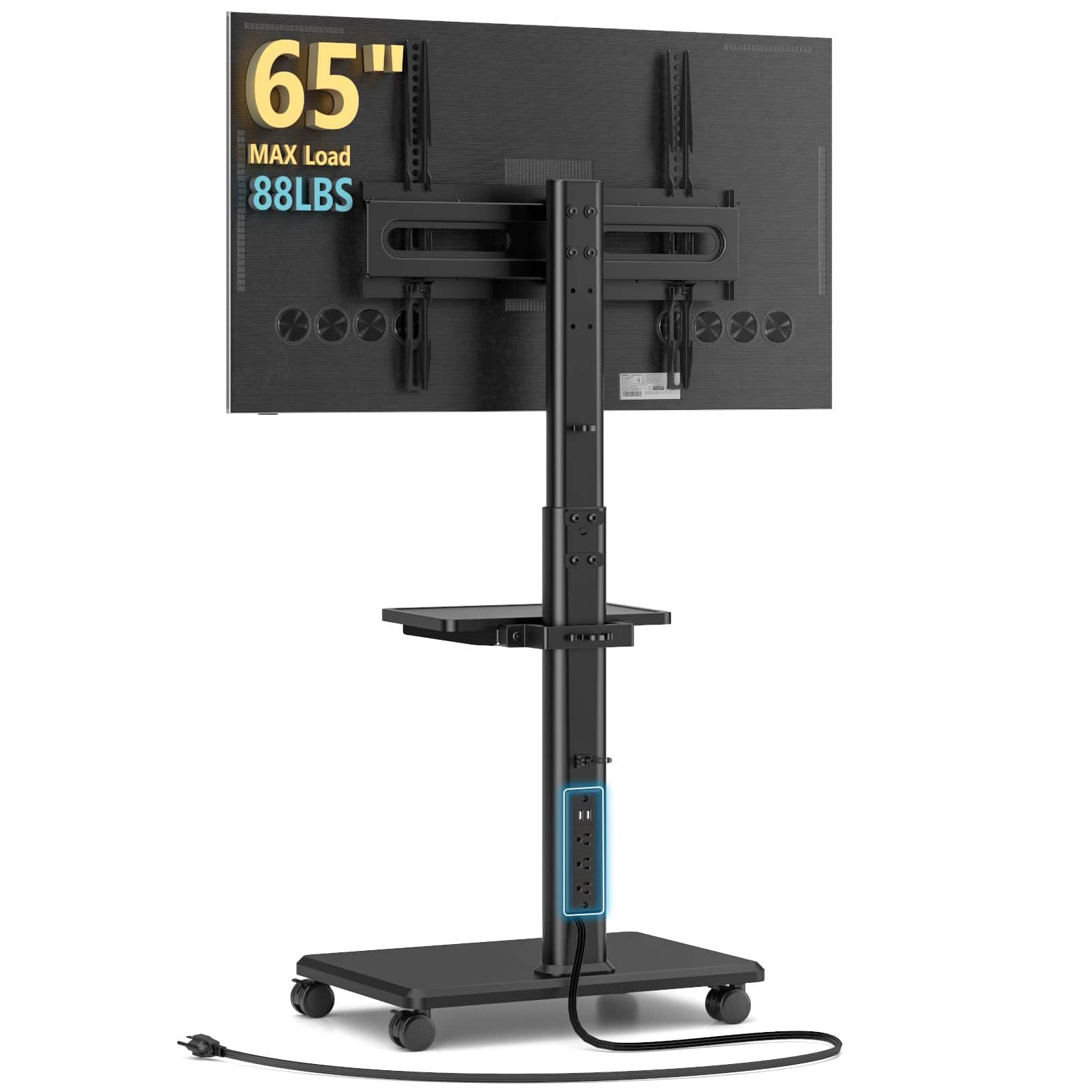 Refined Abode Design - Universal Floor Tv Stand Portable Rolling Mount With Wheels 80 Degree Swivel Height Adjustable For 27 To Lc - Black Mobile TV Stand with Power Outlet
