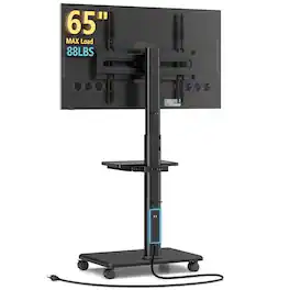 Refined Abode Design - Universal Floor Tv Stand Portable Rolling Mount With Wheels 80 Degree Swivel Height Adjustable For 27 To Lc - Black Mobile TV Stand with Power Outlet
