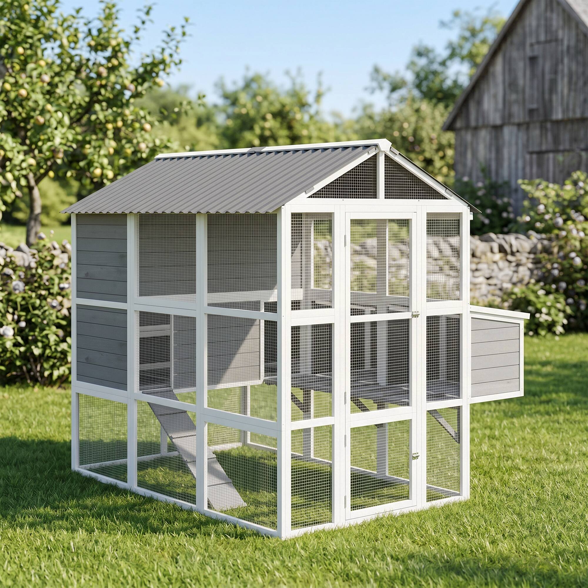 Alt View 8. Pawhut - Large Chicken Coop for 6-8 Chickens, Outdoor Wooden Hen House Poultry Cage with Run, Nesting Boxes - Gray.