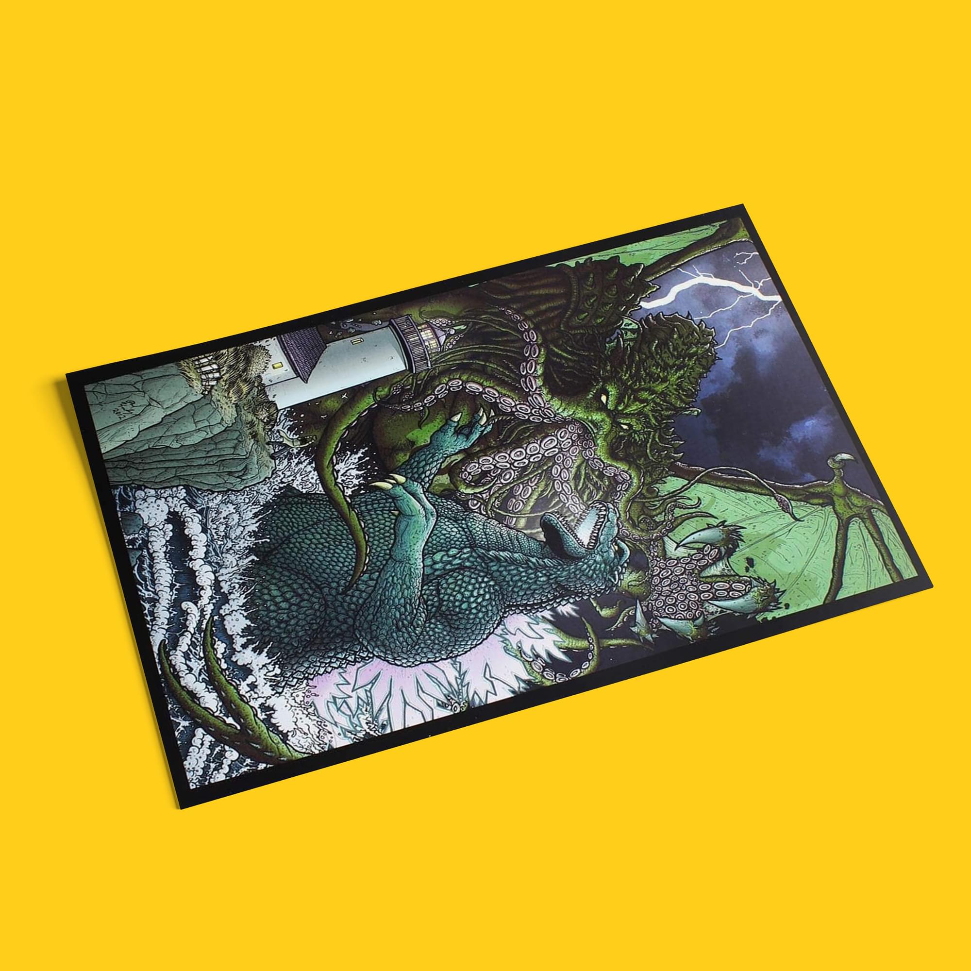 Alt View 2. Nerd Block - Godzilla Versus Cthulhu 7" x 10.5" Art Print - Green.