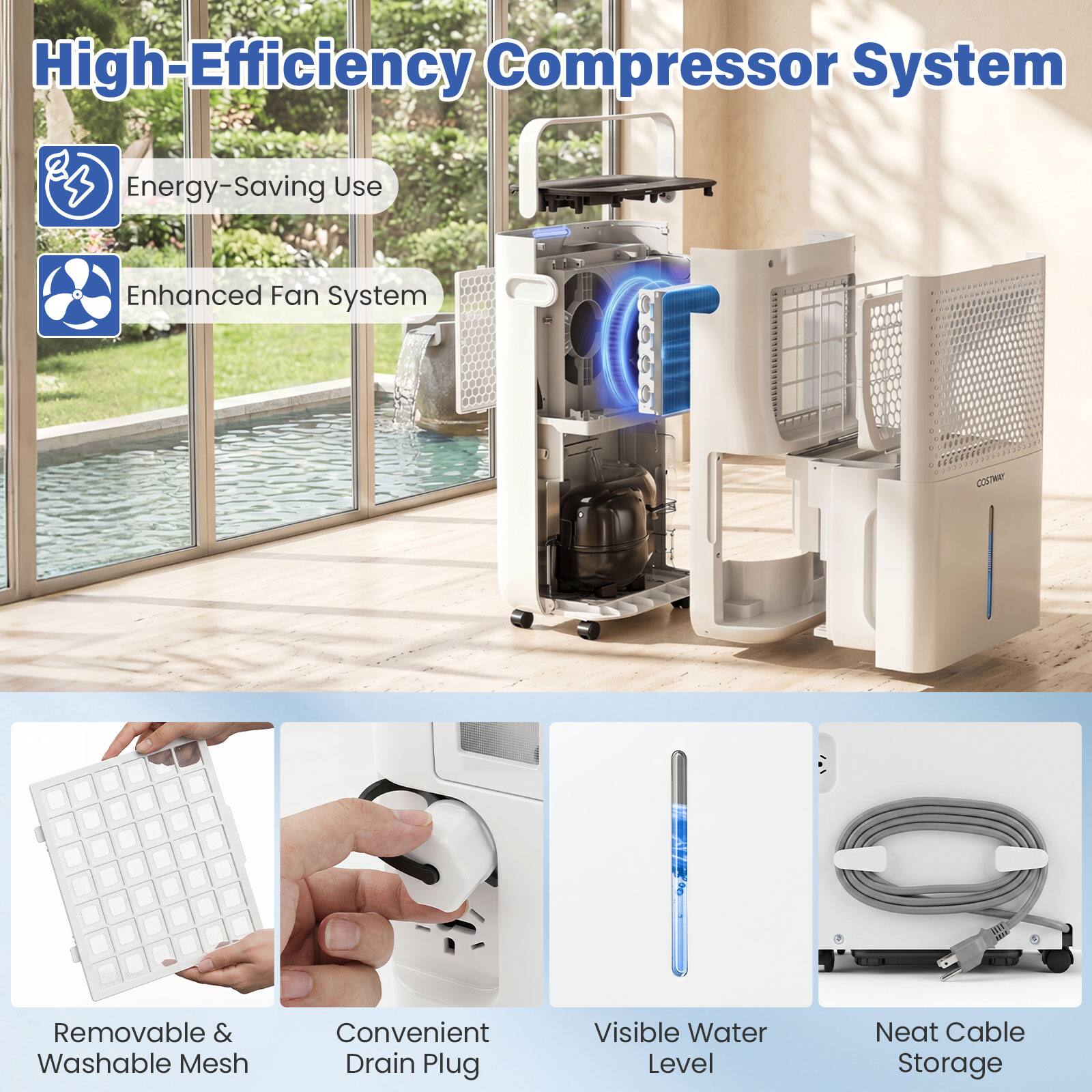 High-Efficiency Compressor System  
Energy-Saving Use  
Enhanced Fan System  
Removable & Washable Mesh  
Convenient Drain Plug  
Visible Water Level  
Neat Cable Storage
