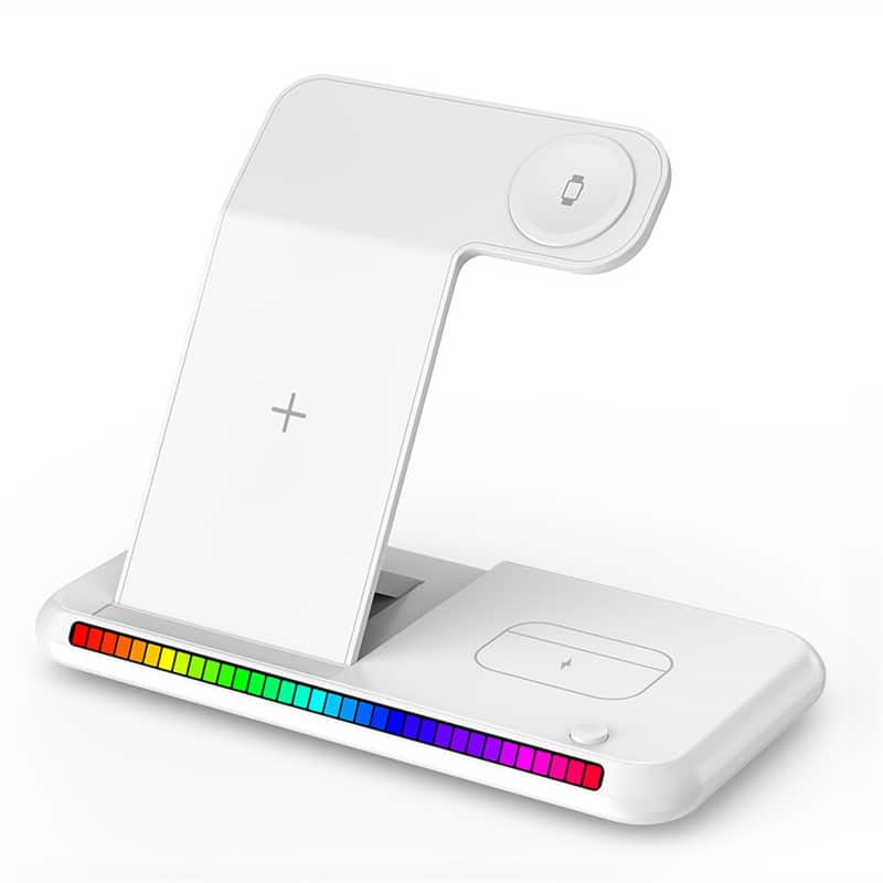 RISOKEYS - Lighted Foldable 3-in-1 Wireless Charger - Phone Stand for Apple Supported Watch & Headphone - White