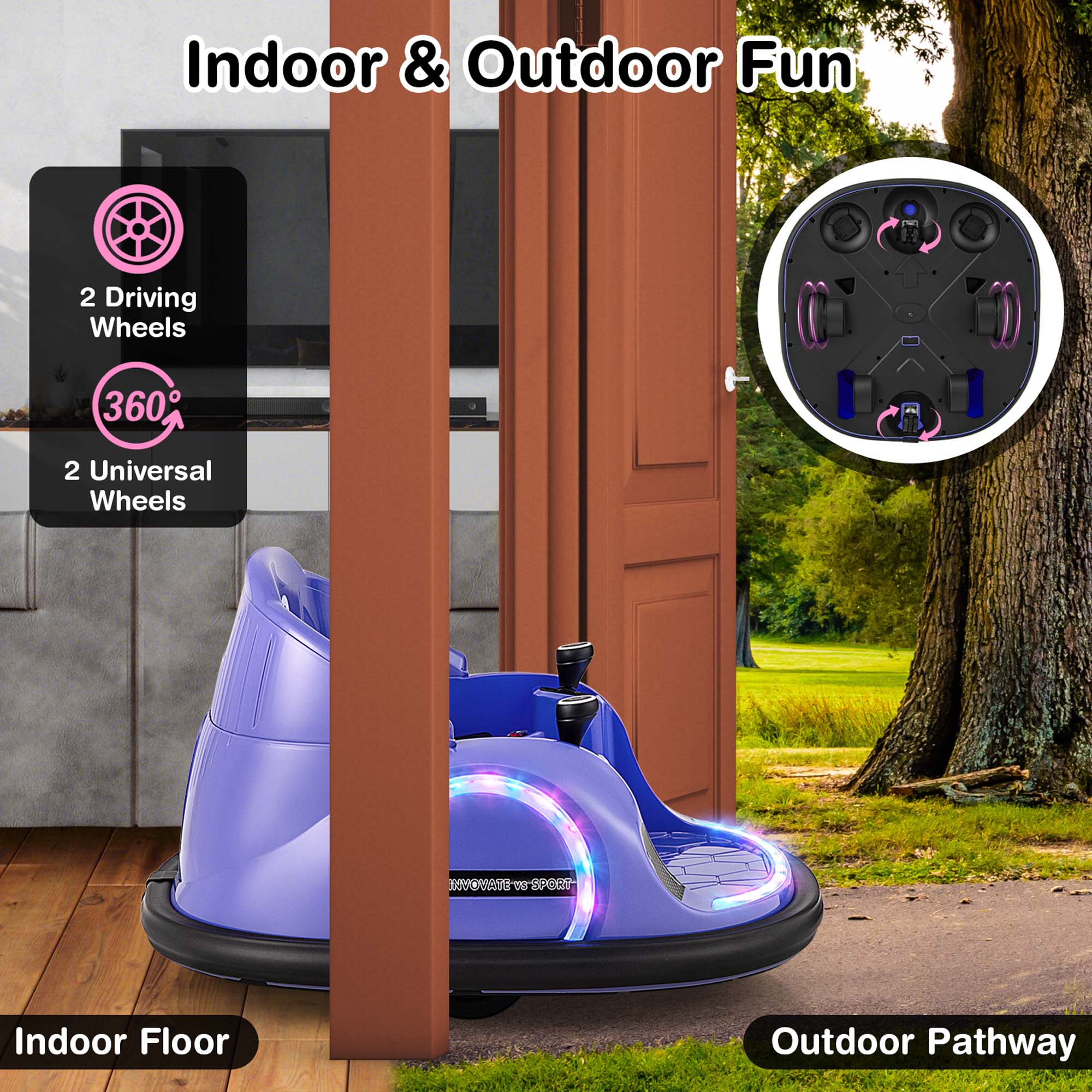 Indoor & Outdoor Fun

2 Driving Wheels

360°

2 Universal Wheels

Indoor Floor

Outdoor Pathway