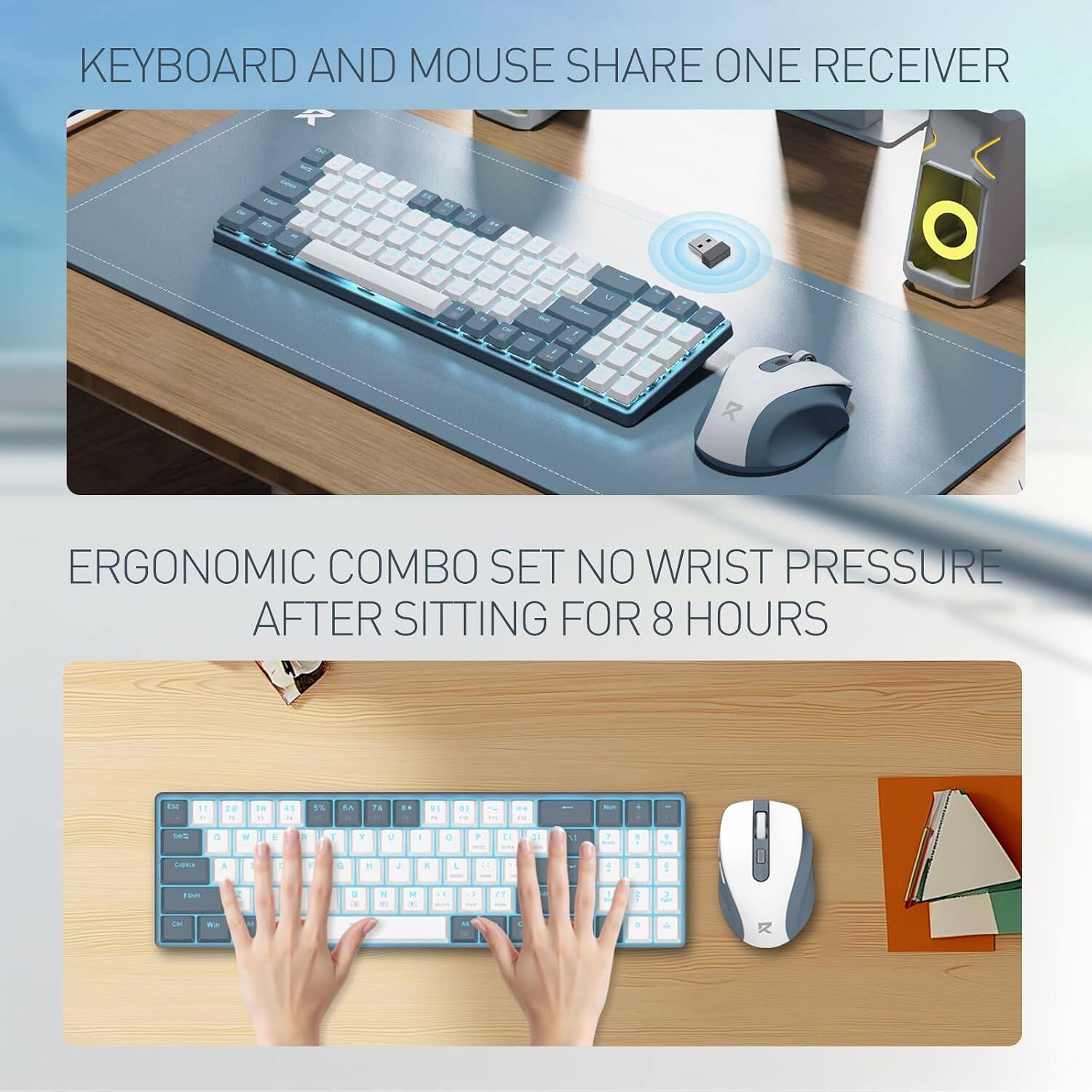 KEYBOARD AND MOUSE SHARE ONE RECEIVER

ERGONOMIC COMBO SET NO WRIST PRESSURE AFTER SITTING FOR 8 HOURS