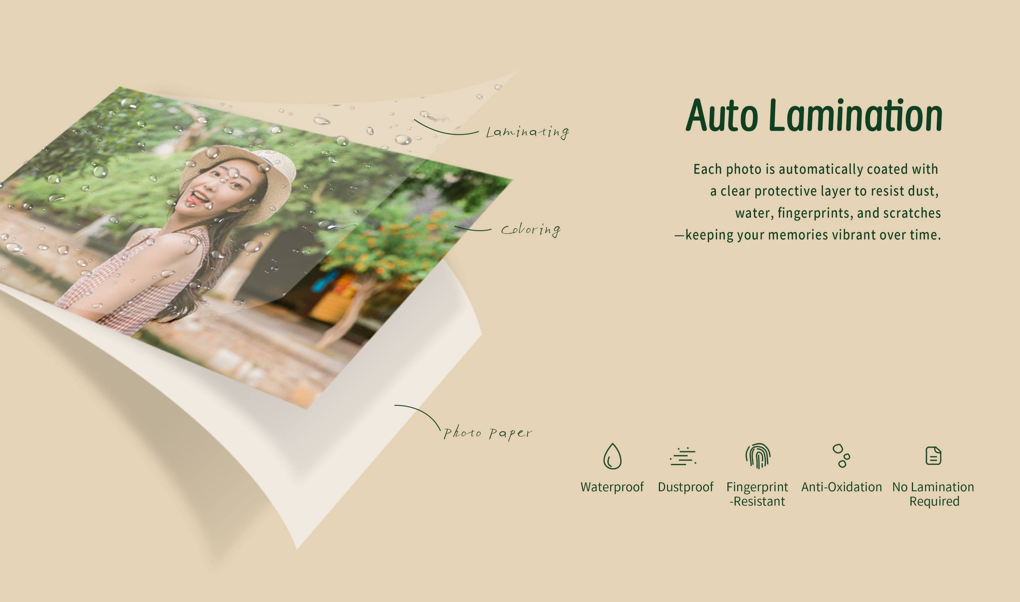 Laminating Auto Lamination Coloring

Each photo is automatically coated with a clear protective layer to resist dust, water, fingerprints, and scratches - keeping your memories vibrant over time.

Photo paper = Waterproof Dustproof Fingerprint Anti-Oxidation No Lamination - Resistant Required