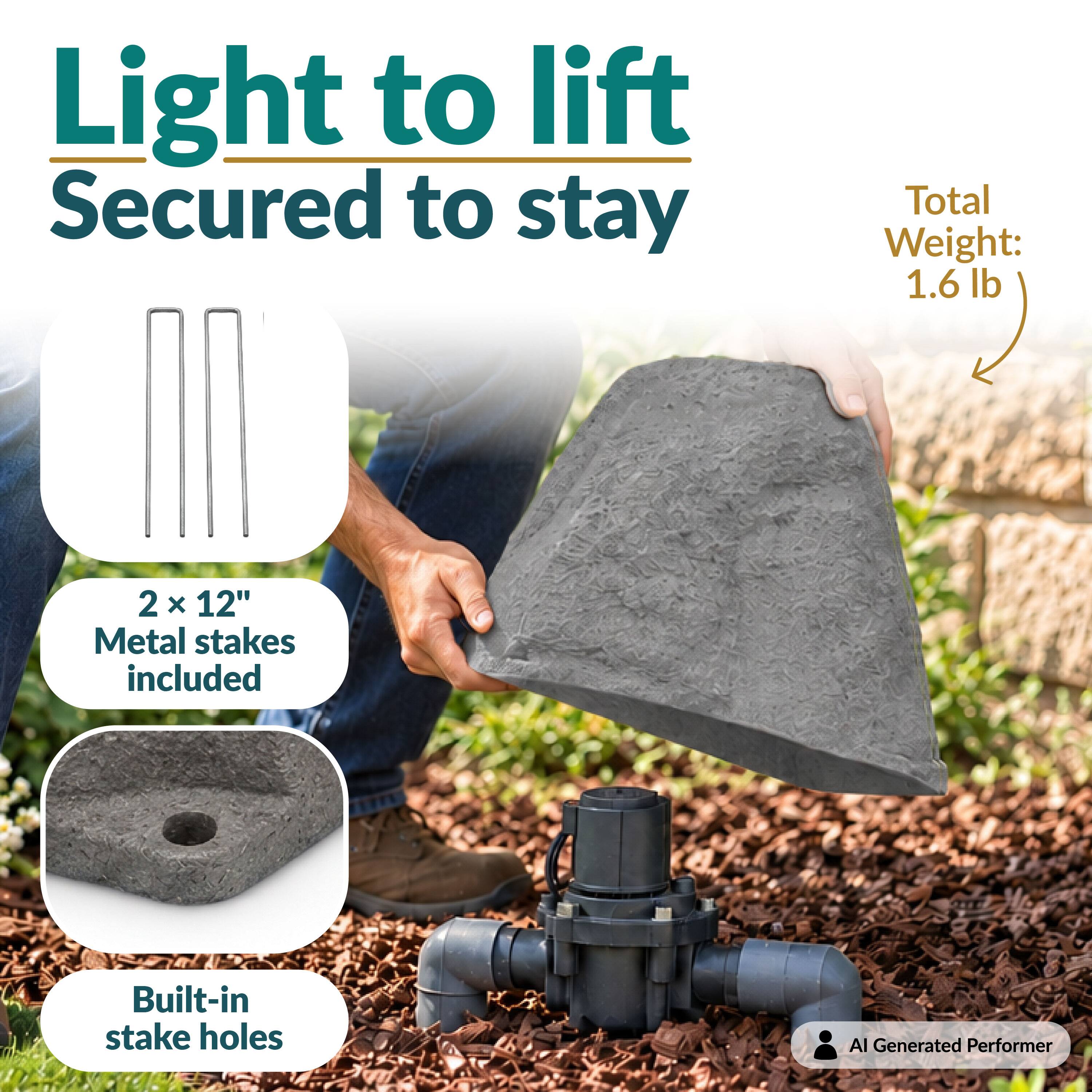 Light to lift  
Secured to stay  

Total Weight: 1.6 lb  

2 x 12" Metal stakes included  

Built-in stake holes  

AI Generated Performer