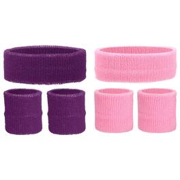 Unique Bargains - Sweatband Set, 2pcs Headband + 4pcs Wristbands Moisture Wicking Breathable Athletic Bands 6pcs for Sports - Dark Purple/Pink