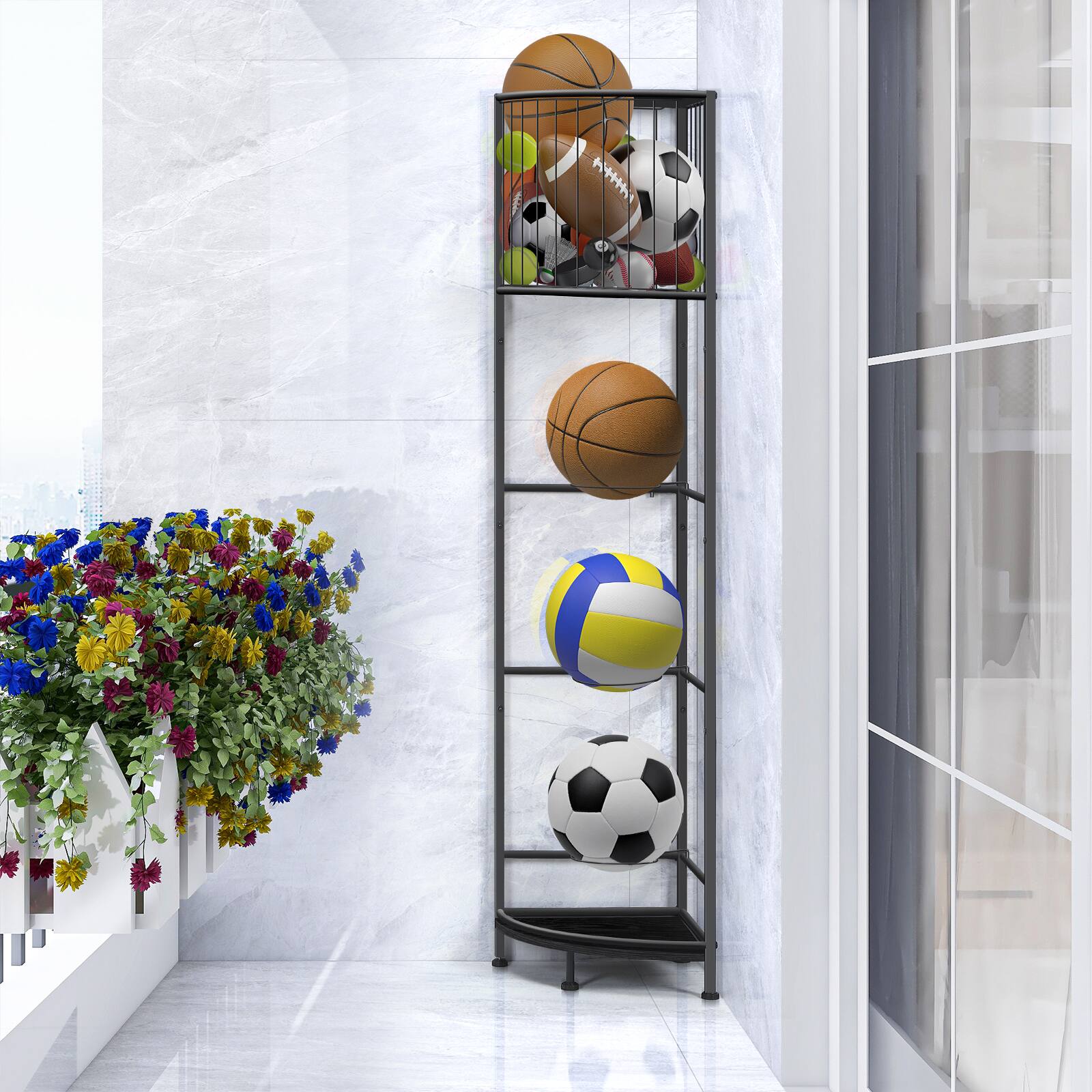 Alt View 4. Oumilen - 3-Tier Corner Sports Ball Storage Rack, Black Metal Vertical Basketball Soccer Volleyball Organizer - Black.