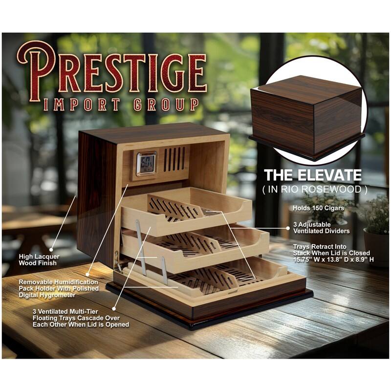 PRESTIGE IMPORT GROUP

THE ELEVATE (IN RIO ROSEWOOD)

- Holds 150 Cigars
- 3 Adjustable Ventilated Dividers
- High Lacquer Wood Finish
- Trays Retract Into Stack When Lid is Closed
- 15.75" W x 13.8" D x 8.9" H
- Removable Humidification Pack Holder With Polished Digital Hygrometer
- 3 Ventilated Multi-Tier Floating Trays Cascade Over Each Other When Lid is Opened