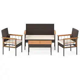 Gymax - Set of 3 Wicker Furniture Set w/Acacia Wood Tabletop Armrests Cushions for Backyard White - Brown