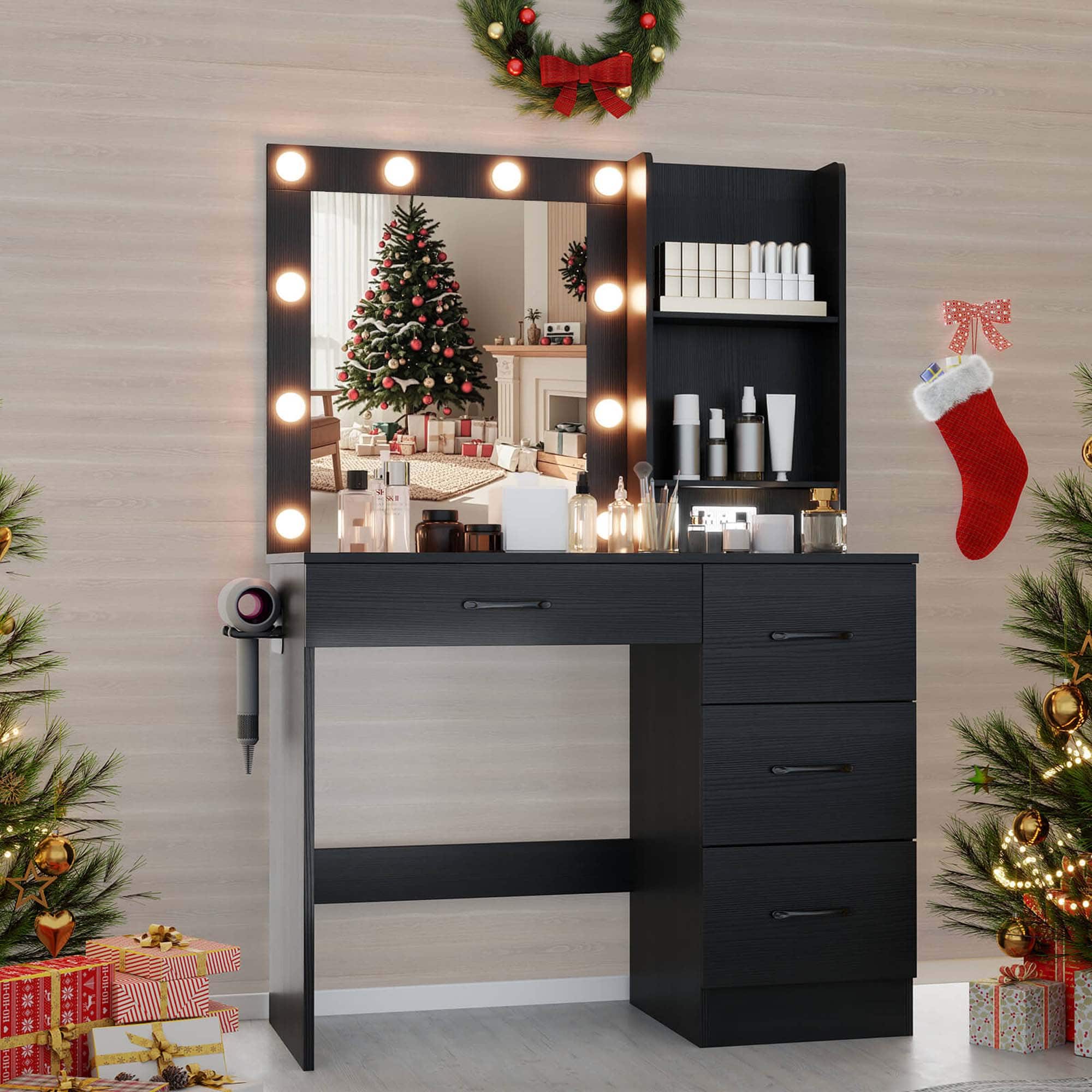 Alt View 3. Costway - Costway Makeup Vanity Desk with Mirror and Lights Charging Station 3-Color LED Lights Black - Black.