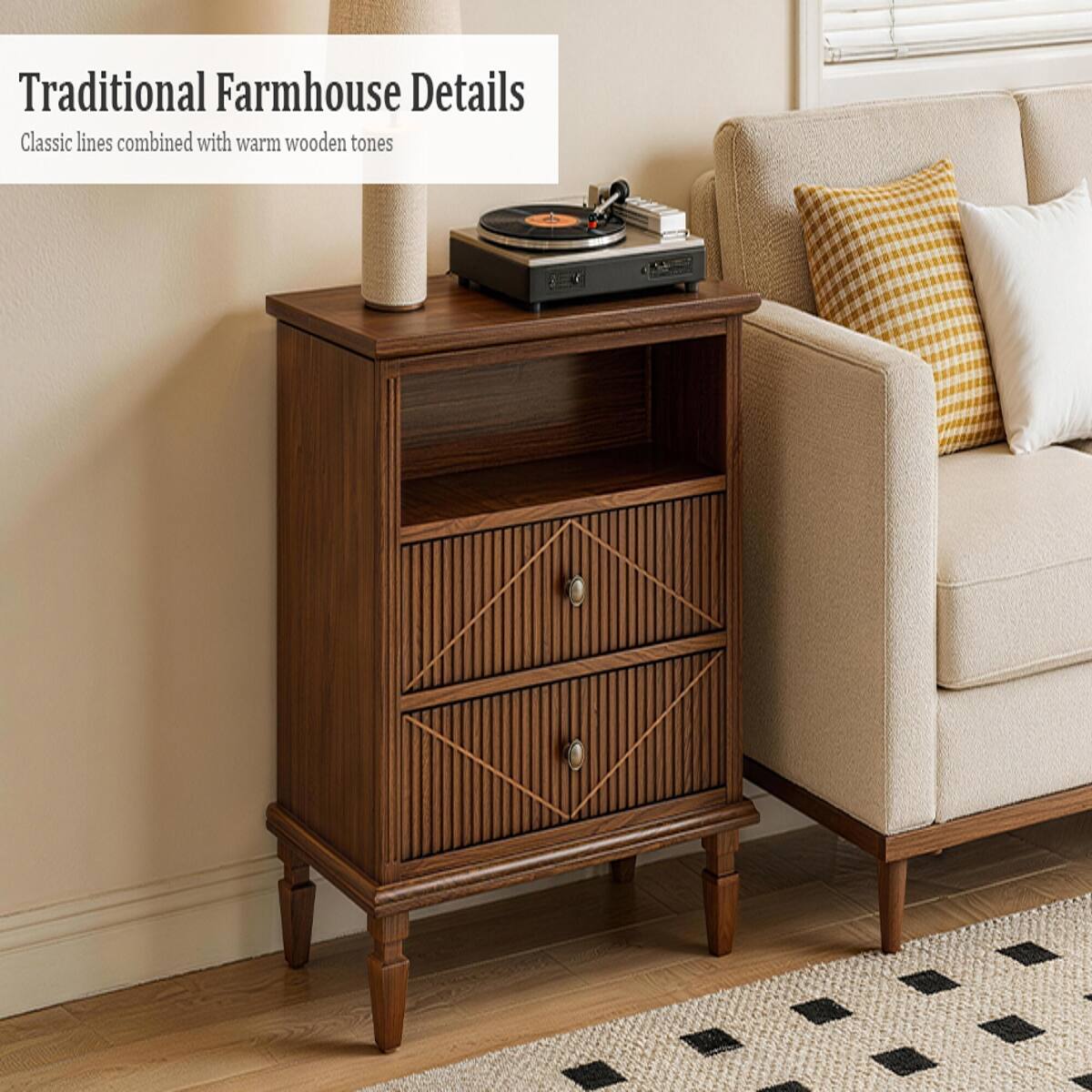 Traditional Farmhouse Details  
Classic lines combined with warm wooden tones