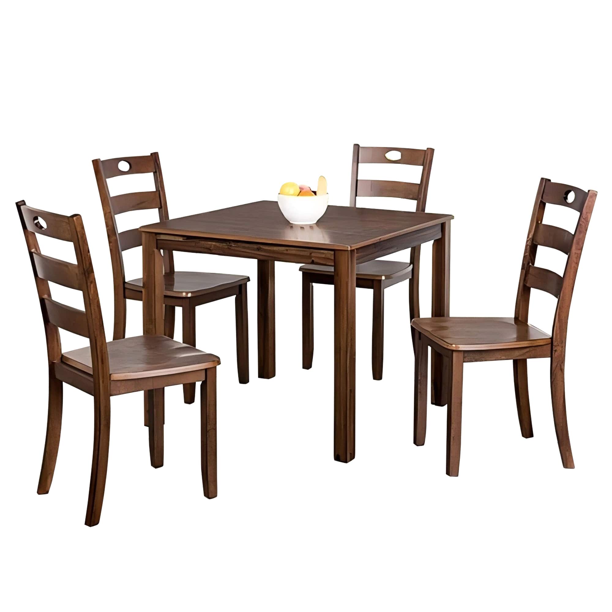 Vaczon - Solid Rubberwood Dining Table Set, 5-Piece Kitchen Table and Chair Set with Slat Back Chairs - Walnut