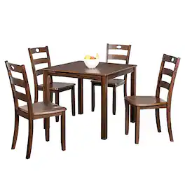 Vaczon - Solid Rubberwood Dining Table Set, 5-Piece Kitchen Table and Chair Set with Slat Back Chairs - Walnut