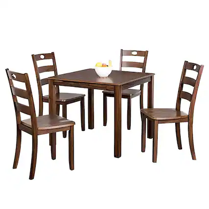 Front. Vaczon - Solid Rubberwood Dining Table Set, 5-Piece Kitchen Table and Chair Set with Slat Back Chairs - Walnut.