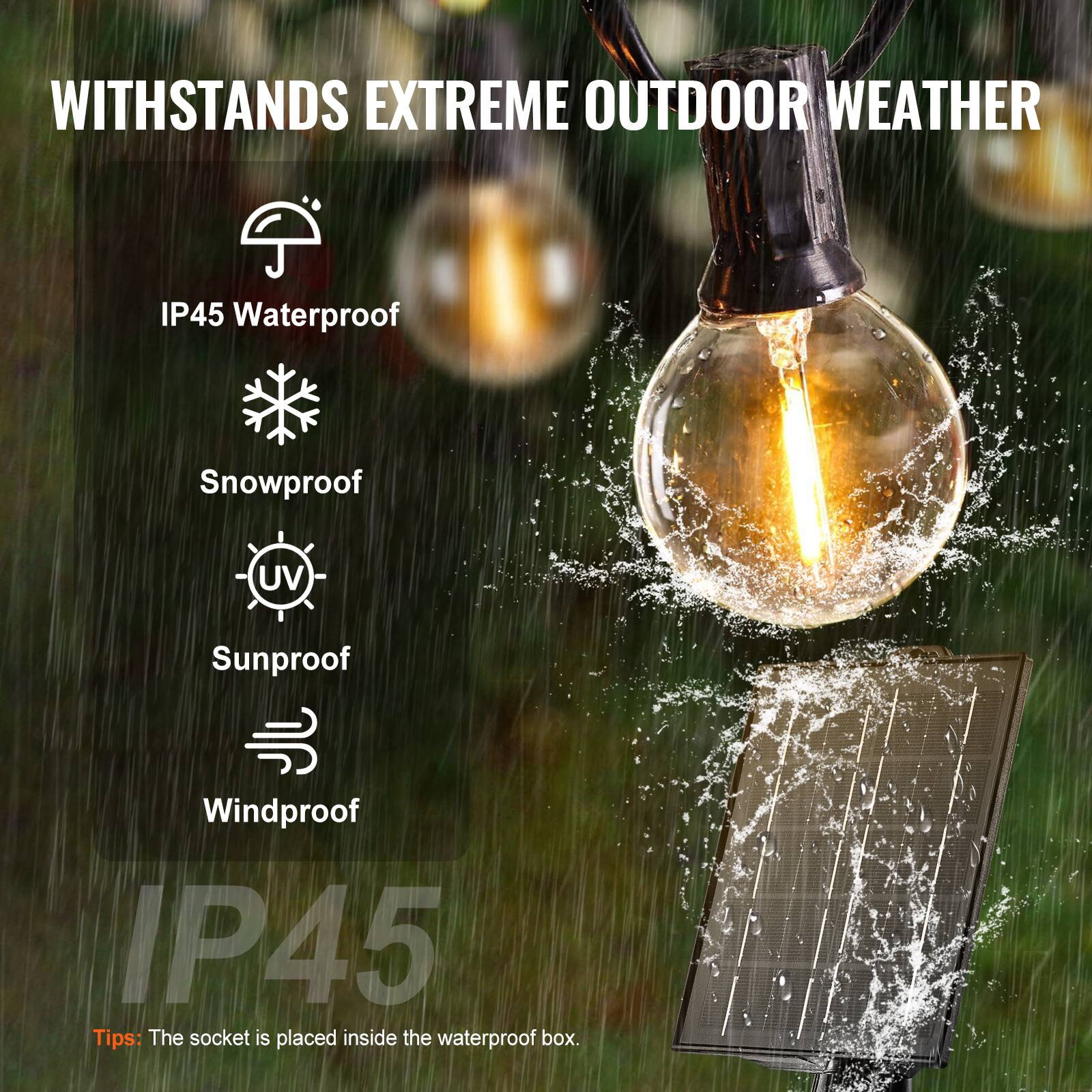 WITHSTANDS EXTREME OUTDOOR WEATHER

- IP45 Waterproof
- Snowproof
- Sunproof
- Windproof

IP45

Tips: The socket is placed inside the waterproof box.