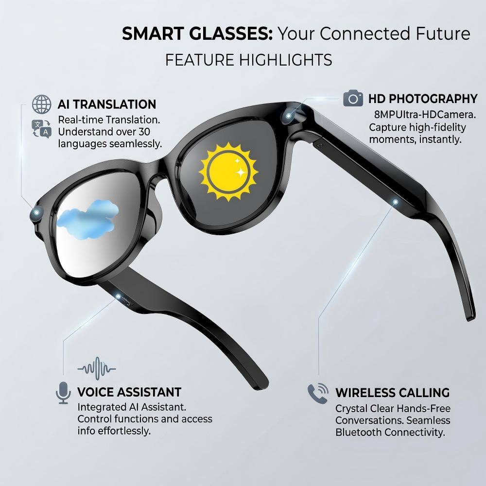SMART GLASSES: Your Connected Future  
FEATURE HIGHLIGHTS  
AI TRANSLATION  
Real-time Translation.  
Understand over 30 languages seamlessly.  

HD PHOTOGRAPHY  
8MP Ultra-HD Camera.  
Capture high-fidelity moments, instantly.  

VOICE ASSISTANT  
Integrated AI Assistant.  
Control functions and access info effortlessly.  

WIRELESS CALLING  
Crystal Clear Hands-Free Conversations.  
Seamless Bluetooth Connectivity.