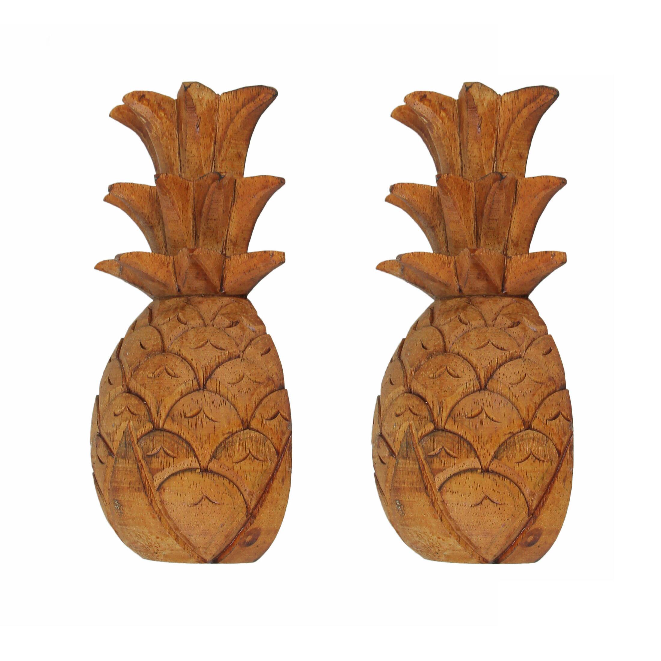 Alt View 1. Zeckos - Set of 2 Hand Carved Wooden Pineapple Hanging Wall Art Sculptures Home Decor - Brown.