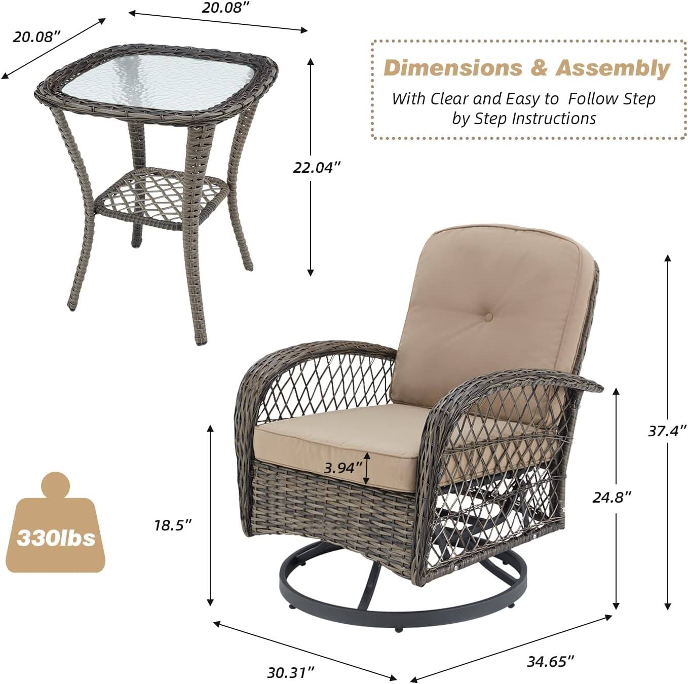 Dimensions & Assembly  
With Clear and Easy to Follow Step by Step Instructions  

- Table:  
  - Diameter: 20.08"  
  - Height: 22.04"  

- Chair:  
  - Height: 37.4"  
  - Width: 34.65"  
  - Depth: 30.31"  
  - Seat Height: 18.5"  
  - Seat Depth: 3.94"  
  - Back Height: 24.8"  

- Weight Capacity: 330lbs