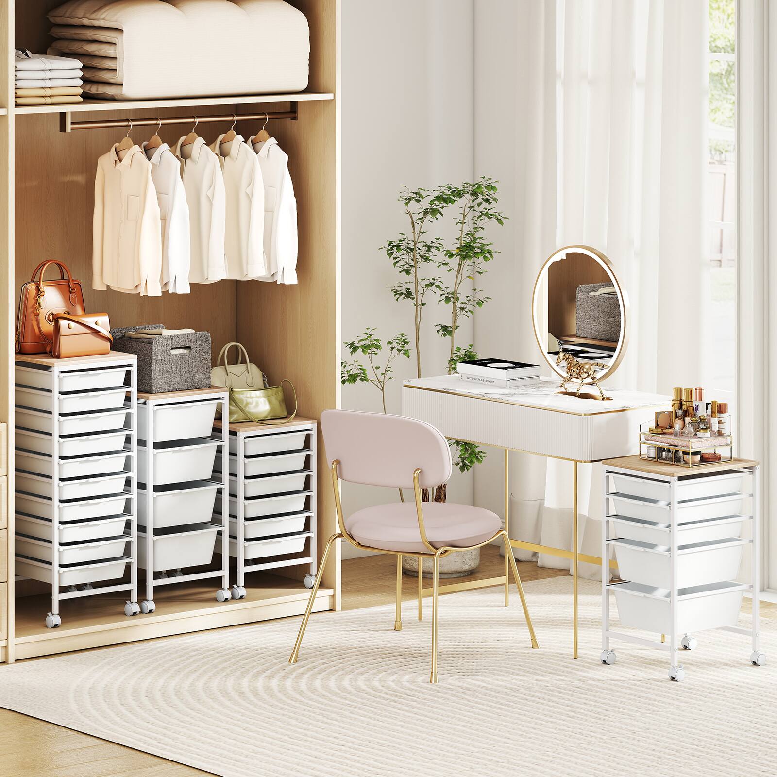 Alt View 5. Costway - Costway 5-Drawer Arts Rolling Storage Cart with Wooden Tabletop & Lockable Wheels for Office - Natural + White.