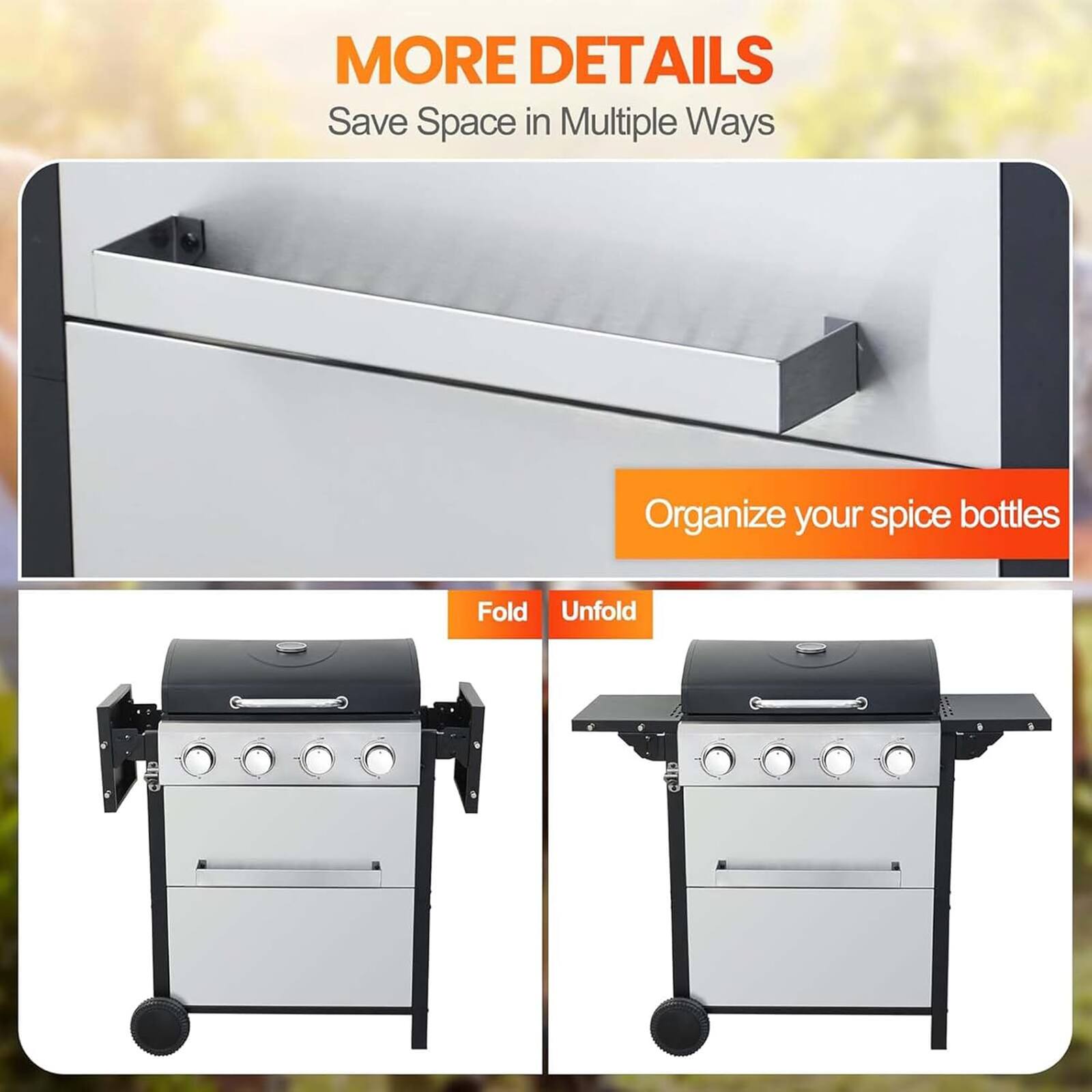 MORE DETAILS  
Save Space in Multiple Ways  

Organize your spice bottles  

Fold  
Unfold