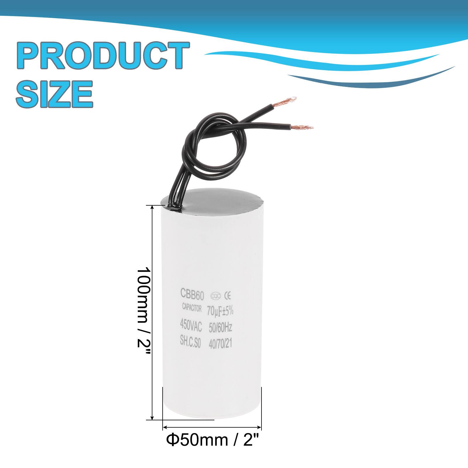 PRODUCT SIZE  
100mm / 2"  
CBB60 CE CAPACITOR 70pF 5% 450VAC 50/60Hz  
SH.C.SO 40/70/21  
50mm / 2"