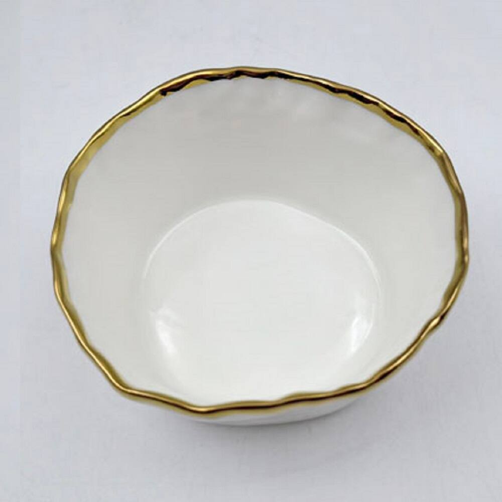 Front. Jiallo - 4" Simplicity Collection White Porcelain Gold Trim Freestyle Round Snack Bowl - White.