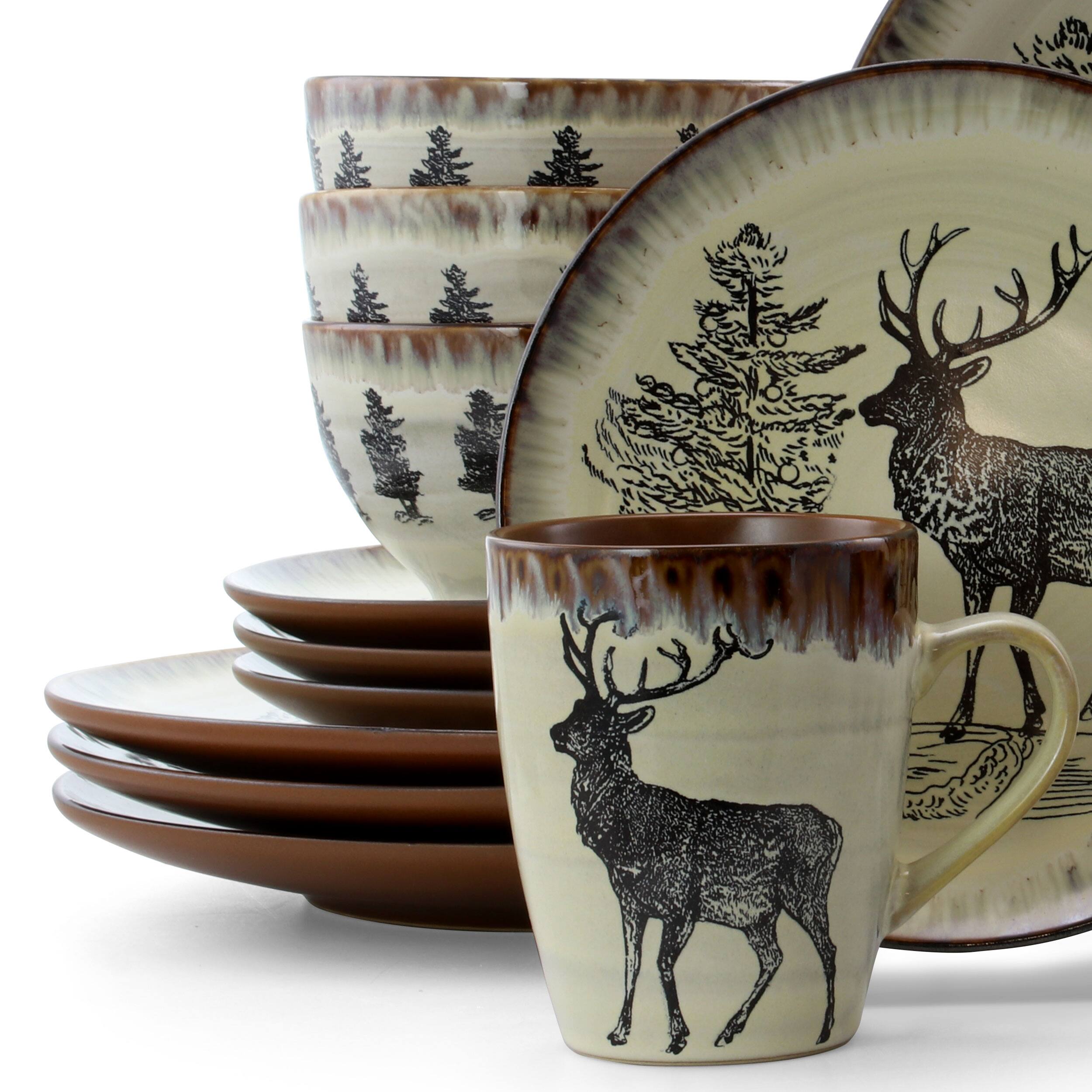 Alt View 3. Elama - Elama Majestic Elk 16 Piece Luxurious Stoneware Dinnerware with Complete Setting for 4 - Taupe and Brown.