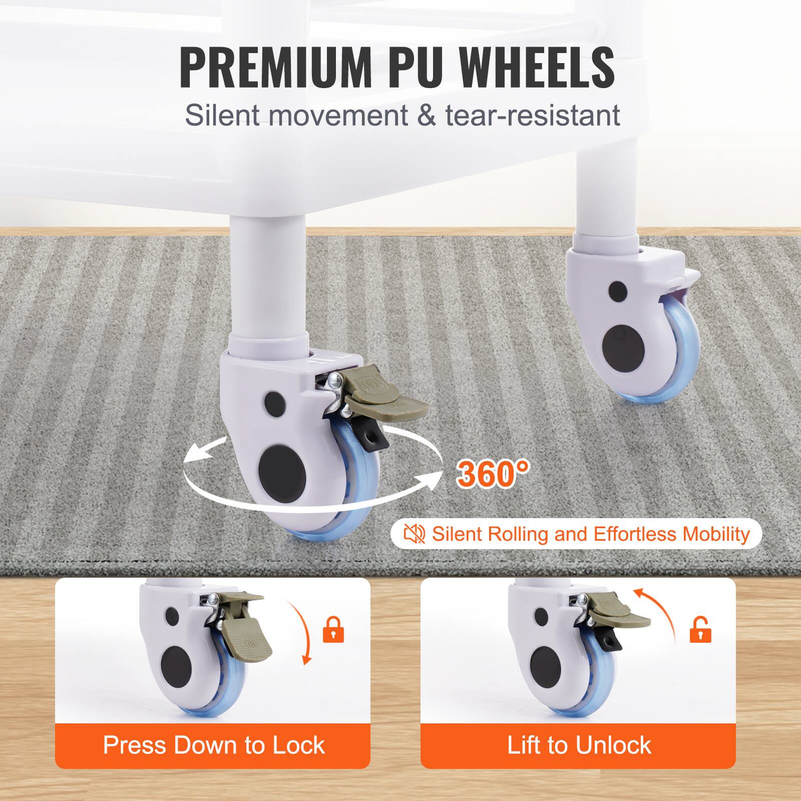 PREMIUM PU WHEELS, Silent movement & tear-resistant, 360°, Silent Rolling and Effortless Mobility, Press Down to Lock, Lift to Unlock