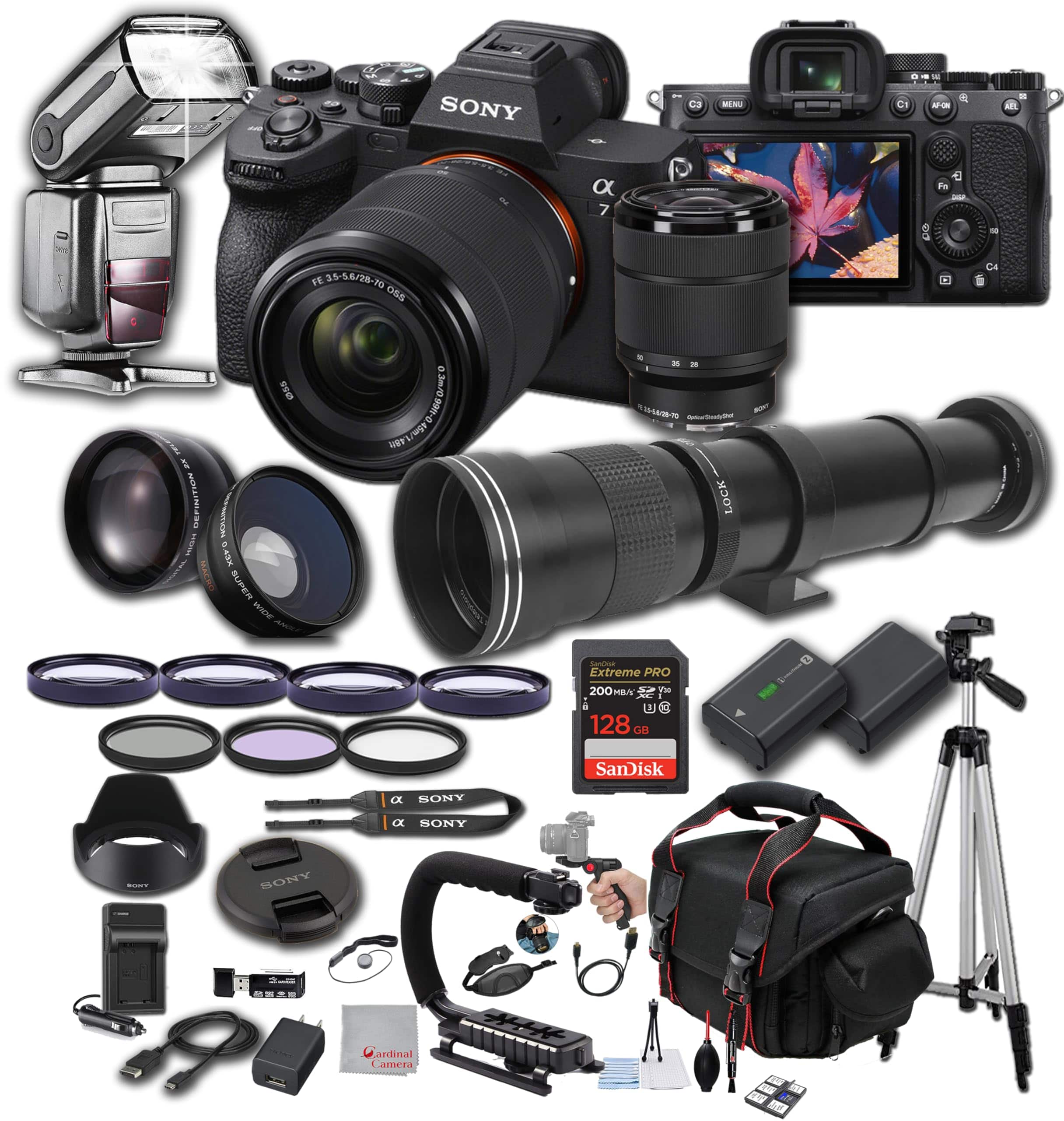 Bundle - Sony - A7 IV w/ 28-70mm Lens, 128GB Extreme Memory, 420-800mm Super Telephoto Lens, TTL Pro Flash, Filters, Lenses, Case T - Black