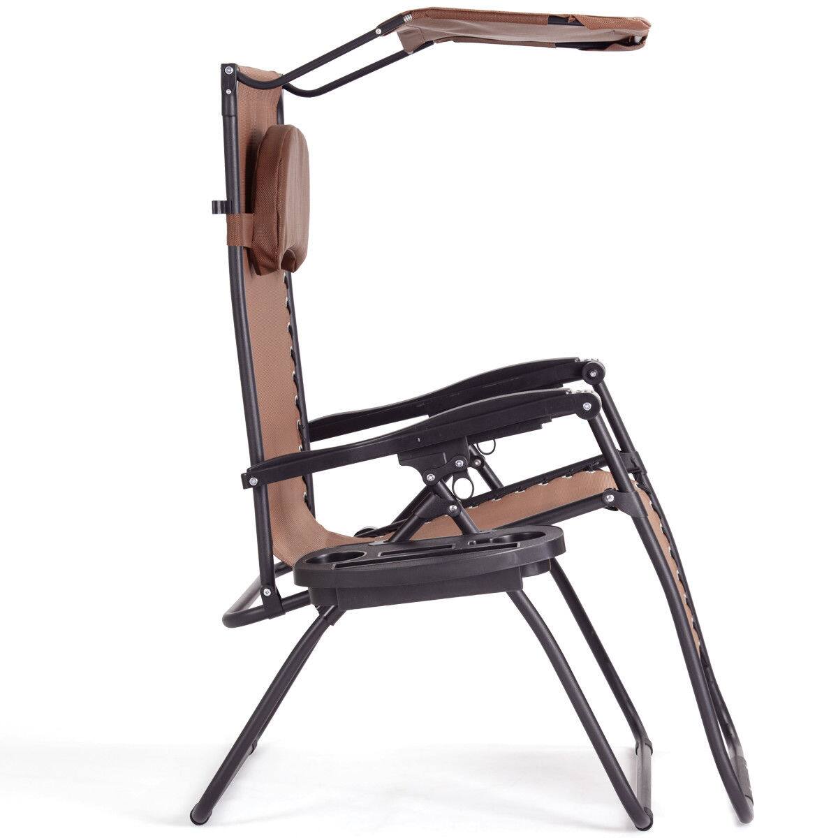 Alt View 7. Gymax - Gymax Folding Recliner Zero Gravity Lounge Chair W/ Shade Canopy Cup Holder Brown - Brown.