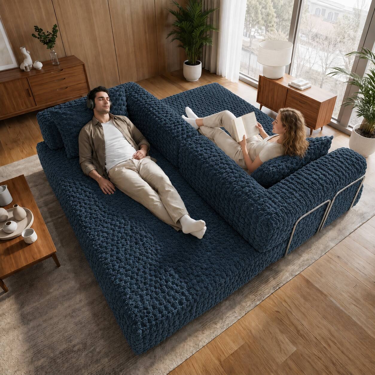 Alt View 1. Famapy - Convertible Folding Sofa Bed Couch 2-in-1 Loveseat with Plush Fabric Detachable Metal Support Brackets for Living Room - Navy Blue.