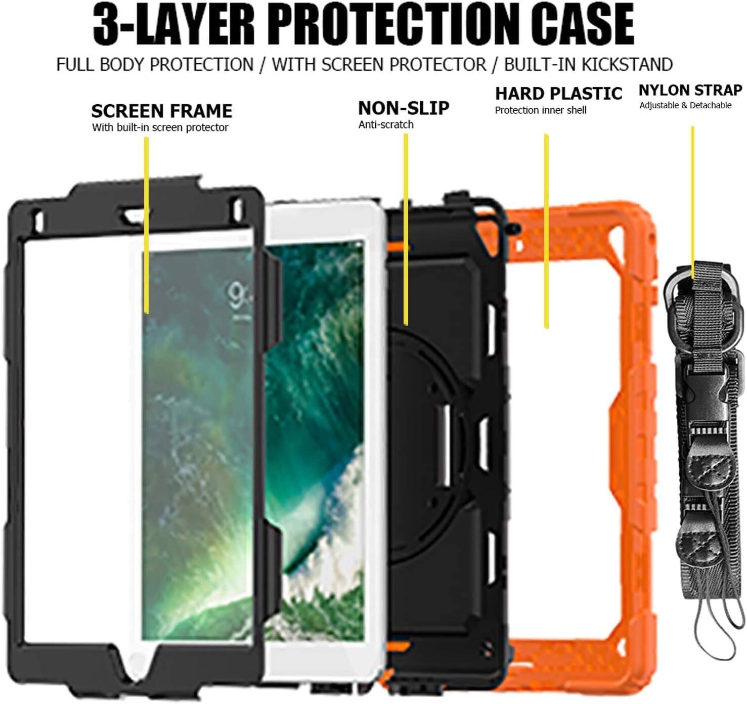3-LAYER PROTECTION CASE  
FULL BODY PROTECTION / WITH SCREEN PROTECTOR / BUILT-IN KICKSTAND  
SCREEN FRAME  
With built-in screen protector  
NON-SLIP  
Anti-scratch  
HARD PLASTIC  
Protection inner shell  
NYLON STRAP  
Adjustable & Detachable
