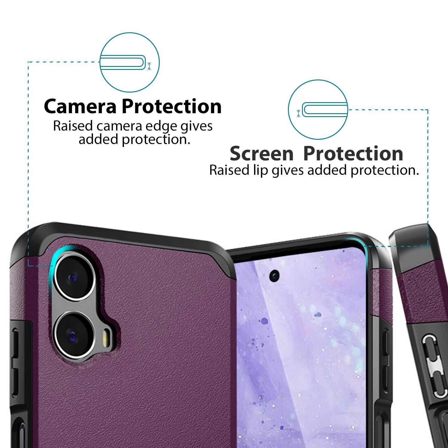 Camera Protection  
Raised camera edge gives added protection.  

Screen Protection  
Raised lip gives added protection.
