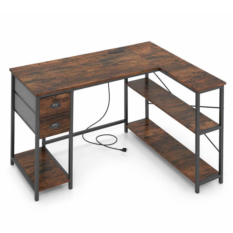 Back. WELLFOR - 48" L Shaped Office Desk Charging Station &2 Fabric Drawers,Corner Computer Desk with Open Shelf for Home Office Gaming - Rustic Brown.