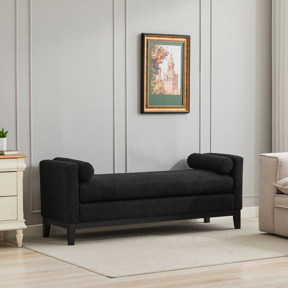 Angle. Ropilly - Ropilly Upholstered End of Bed Bench Black Boucle Entryway Bench with Arms and Bolsters - Black.