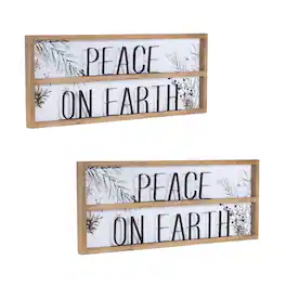 BreeBe - Wood Framed Peace on Earth Sign with Pine Painting (Set of 2) - White, Brown, Black