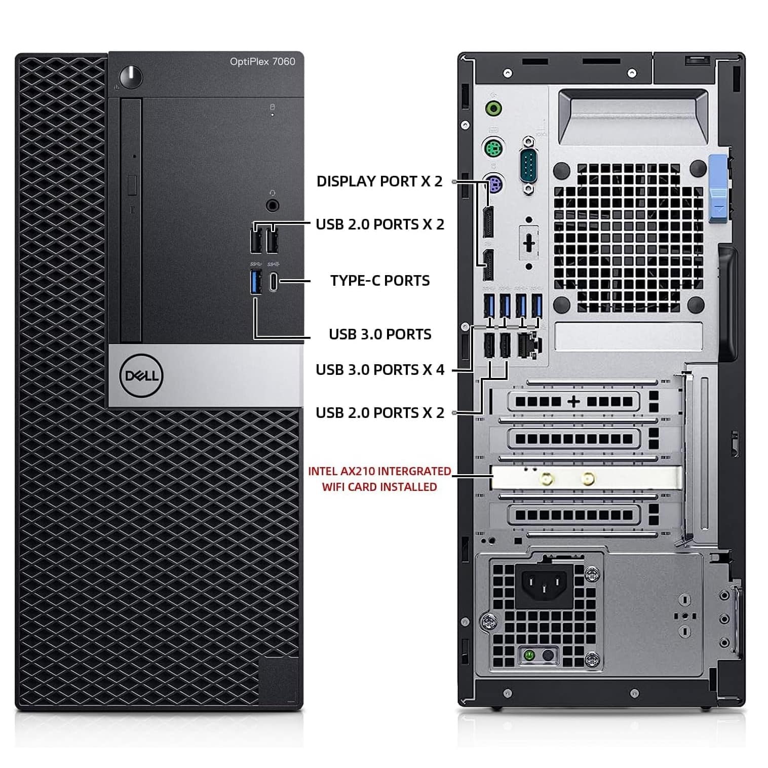 OptiPlex 7060
- DISPLAY PORT x 2
- USB 2.0 PORTS x 2
- TYPE-C PORTS
- USB 3.0 PORTS x 4
- USB 2.0 PORTS x 2
- INTEL AX210 INTEGRATED WIFI CARD INSTALLED