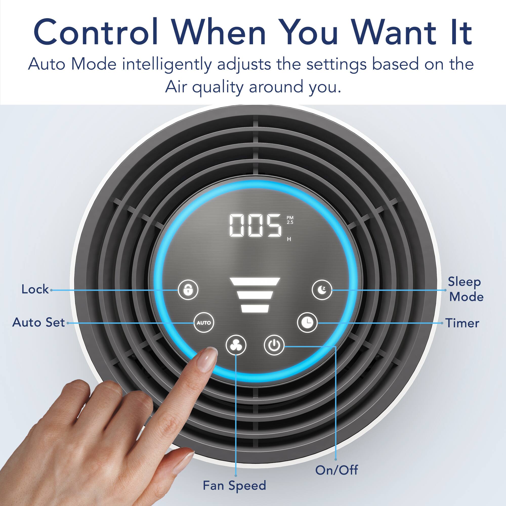 Control When You Want It

Auto Mode intelligently adjusts the settings based on the Air quality around you.

PM 2.5
005 H
Lock
Sleep Mode
Auto Set
AUTO
Timer
Fan Speed
On/Off